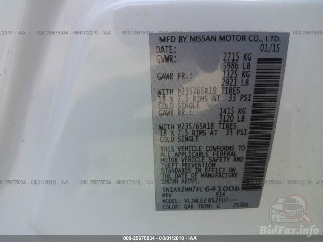 Nissan Pathfinder 2015 VIN 5N1AR2MM7FC641006 фото оголошення 9 з 47