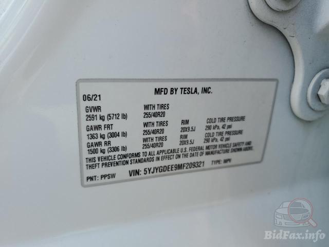 Tesla Model Y 2021 VIN 5YJYGDEE9MF209321 фото оголошення 40 з 59