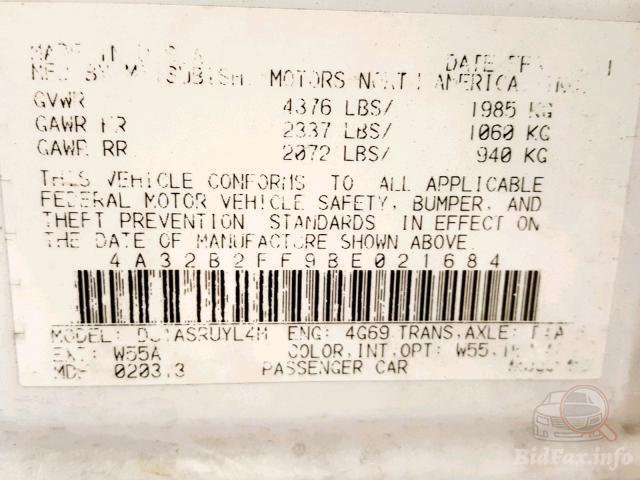 Mitsubishi Galant 2011 VIN 4A32B2FF9BE021684 фото оголошення 24 з 54