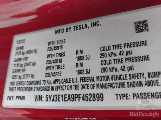 Tesla Model 3 2022 VIN 5YJ3E1EA9PF452899 фото оголошення 22 з 43