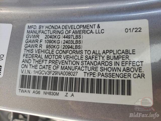 Honda Accord 2022 VIN 1HGCV3F29NA008027 фото оголошення 38 з 68