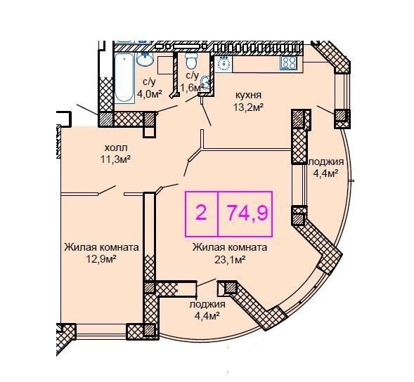 Продается 2-комнатная квартира 76 кв. м в Одессе, цена: 54000 $