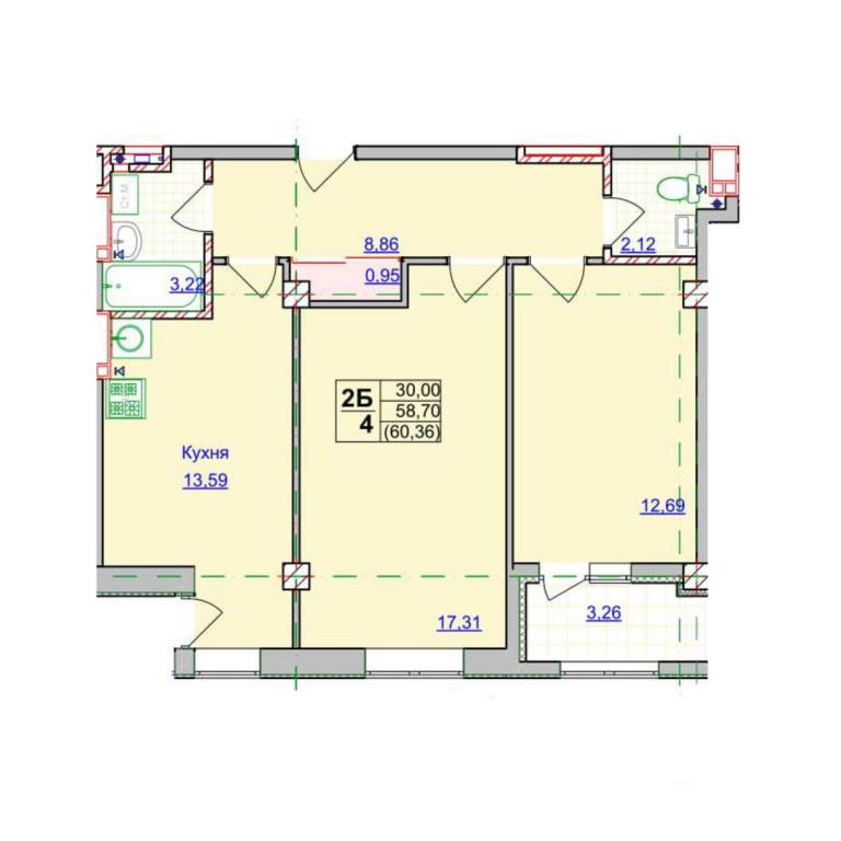 Продается 2-комнатная квартира 60.36 кв. м в Харькове, ул. Оренбургская, 9