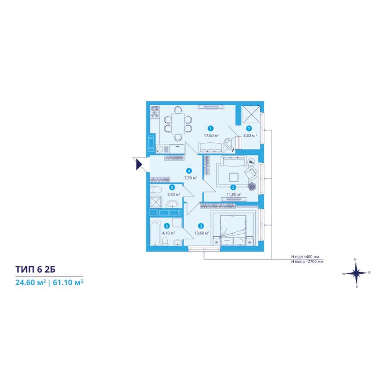 Продается 2-комнатная квартира 61.1 кв. м в Киеве, ул. Святослава Храброго, 3 - фото 1