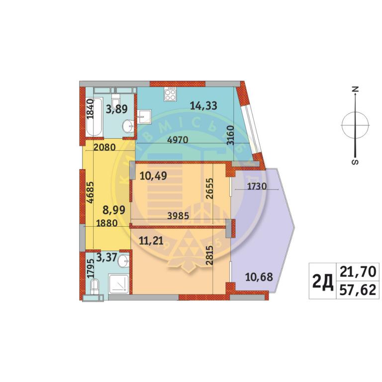 Продается 2-комнатная квартира 57.62 кв. м в Киеве, ул. Богатырская, 32