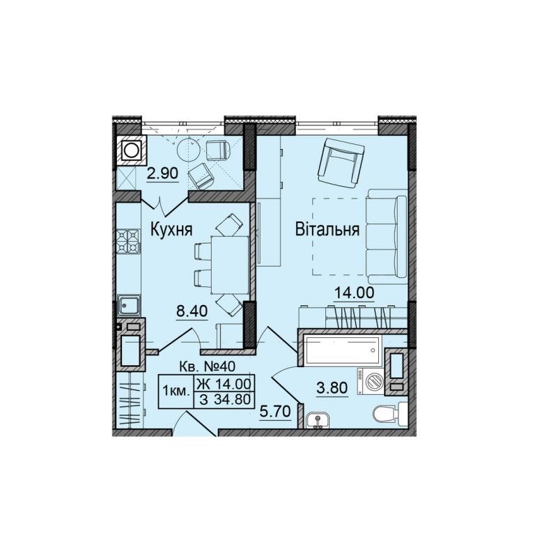 Продается 1-комнатная квартира 34.8 кв. м в Черновцах