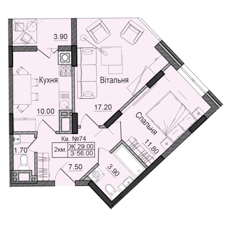 Продается 2-комнатная квартира 56 кв. м в Черновцах, цена: 53200 $