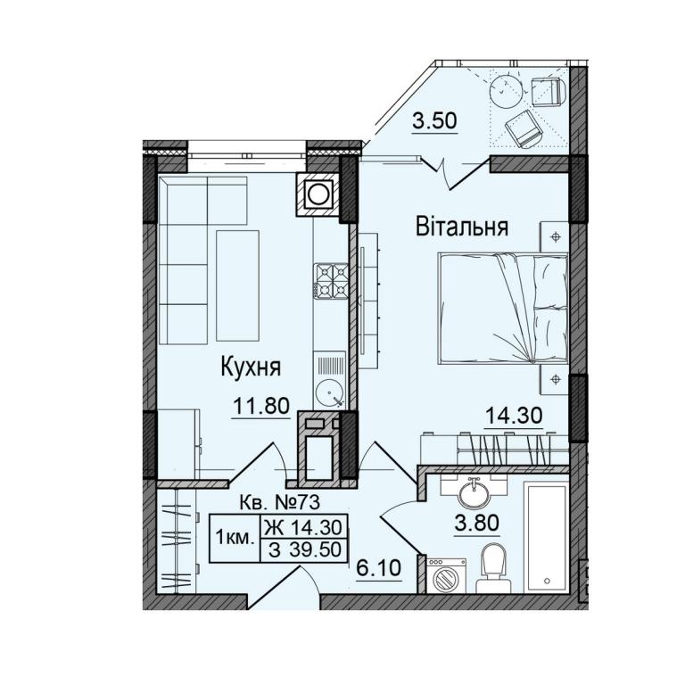 Продається 1-кімнатна квартира 39.5 кв. м у Чернівцях, цена: 41475 $