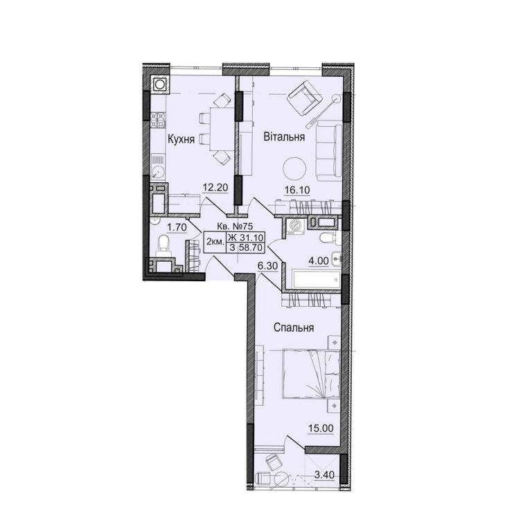 Продается 2-комнатная квартира 58.7 кв. м в Черновцах - фото 1
