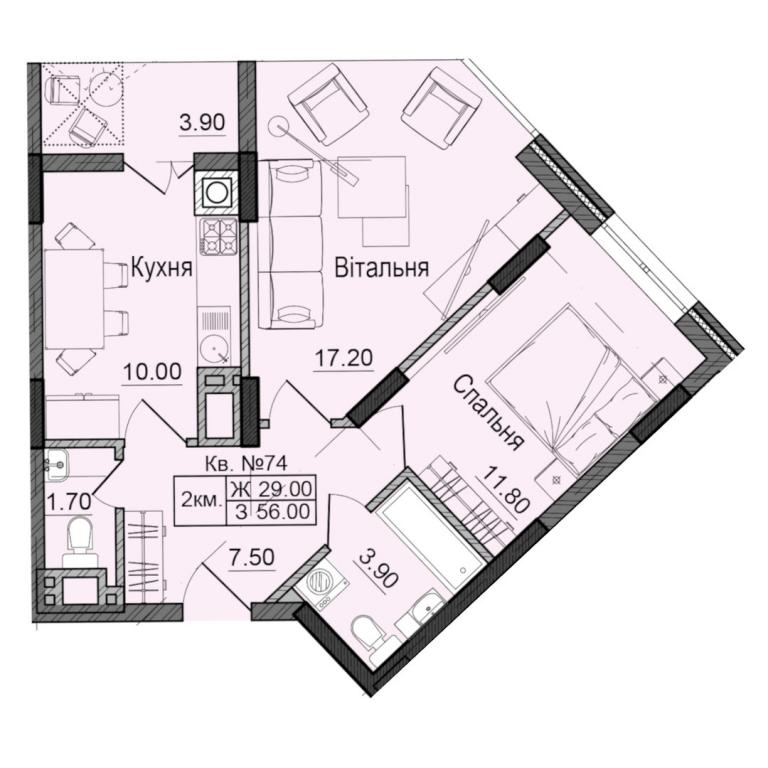 Продается 2-комнатная квартира 56 кв. м в Черновцах