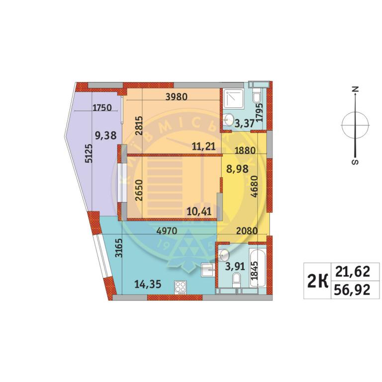 Продається 2-кімнатна квартира 56.92 кв. м у Києві, вул. Богатирська, 32