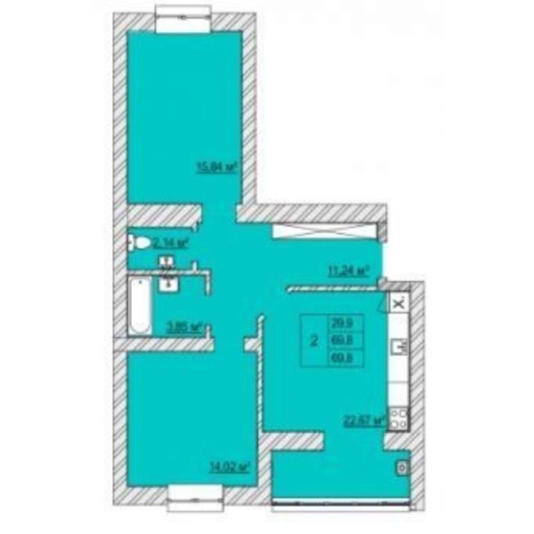 2-кімнатна квартира 69.8 кв. м у Луцьку, вул. Конякіна, 3А, 3Б, 3В