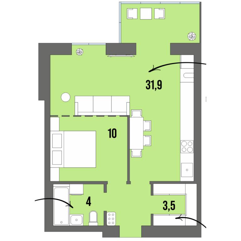 1-кімнатна квартира 49.2 кв. м у Луцьку, цена: 48029 $