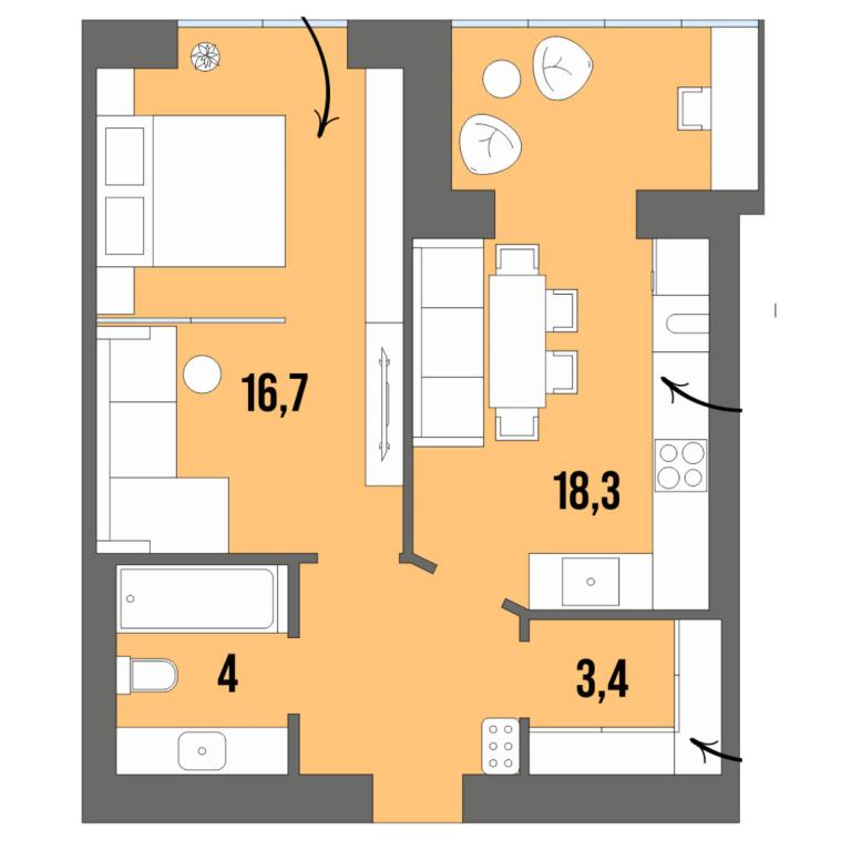 1-комнатная квартира 45.7 кв. м в Луцке