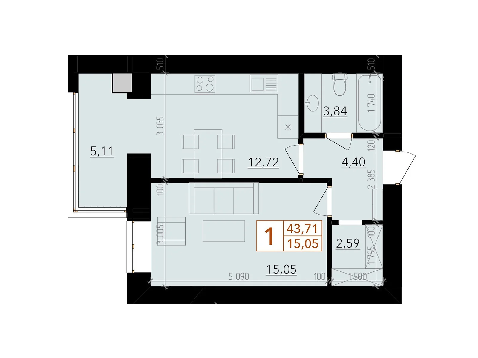 Продается 1-комнатная квартира 43.71 кв. м в Хмельницком, ул. Тернопольская