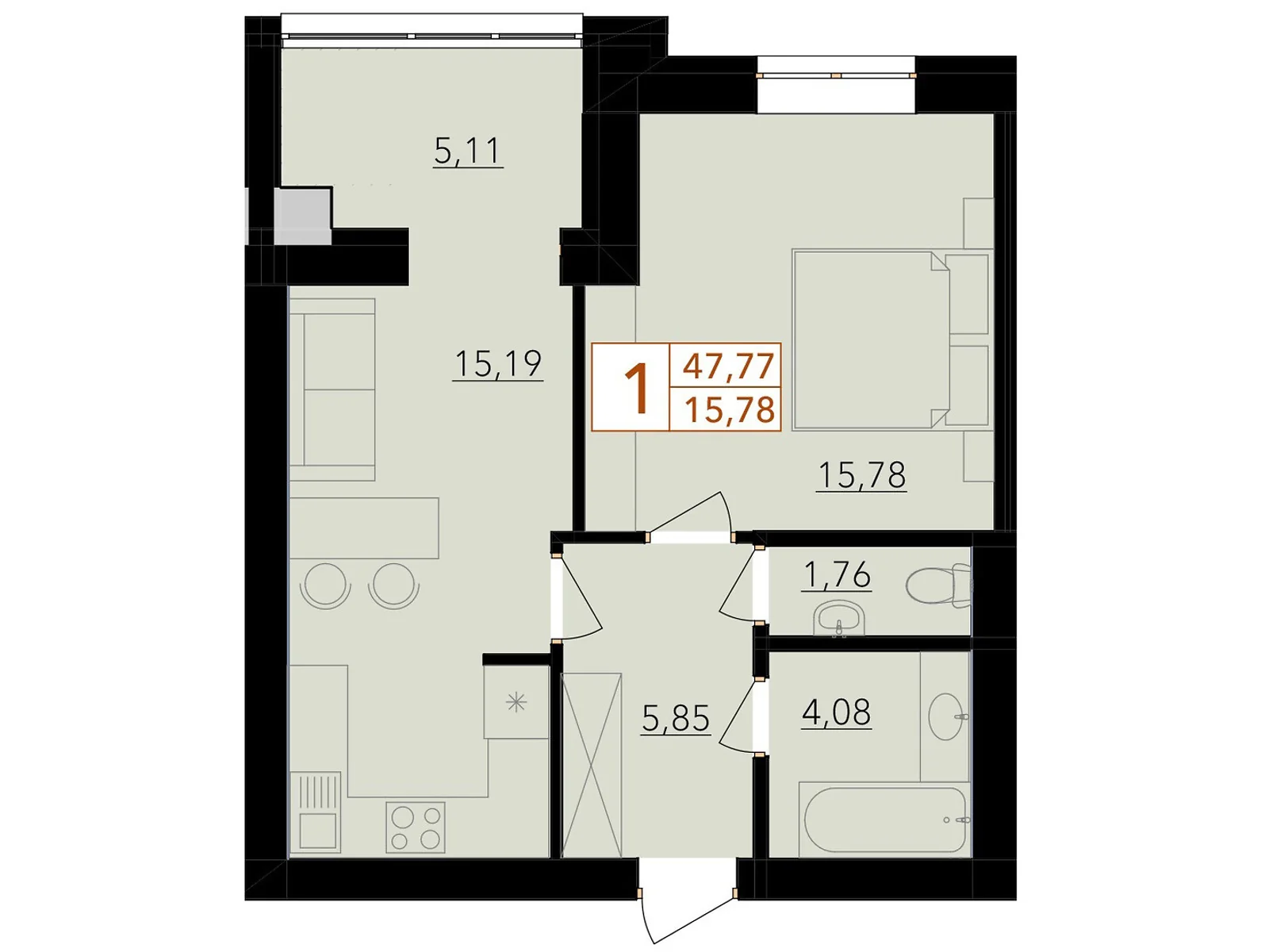 Продается 1-комнатная квартира 47.77 кв. м в Хмельницком, ул. Тернопольская