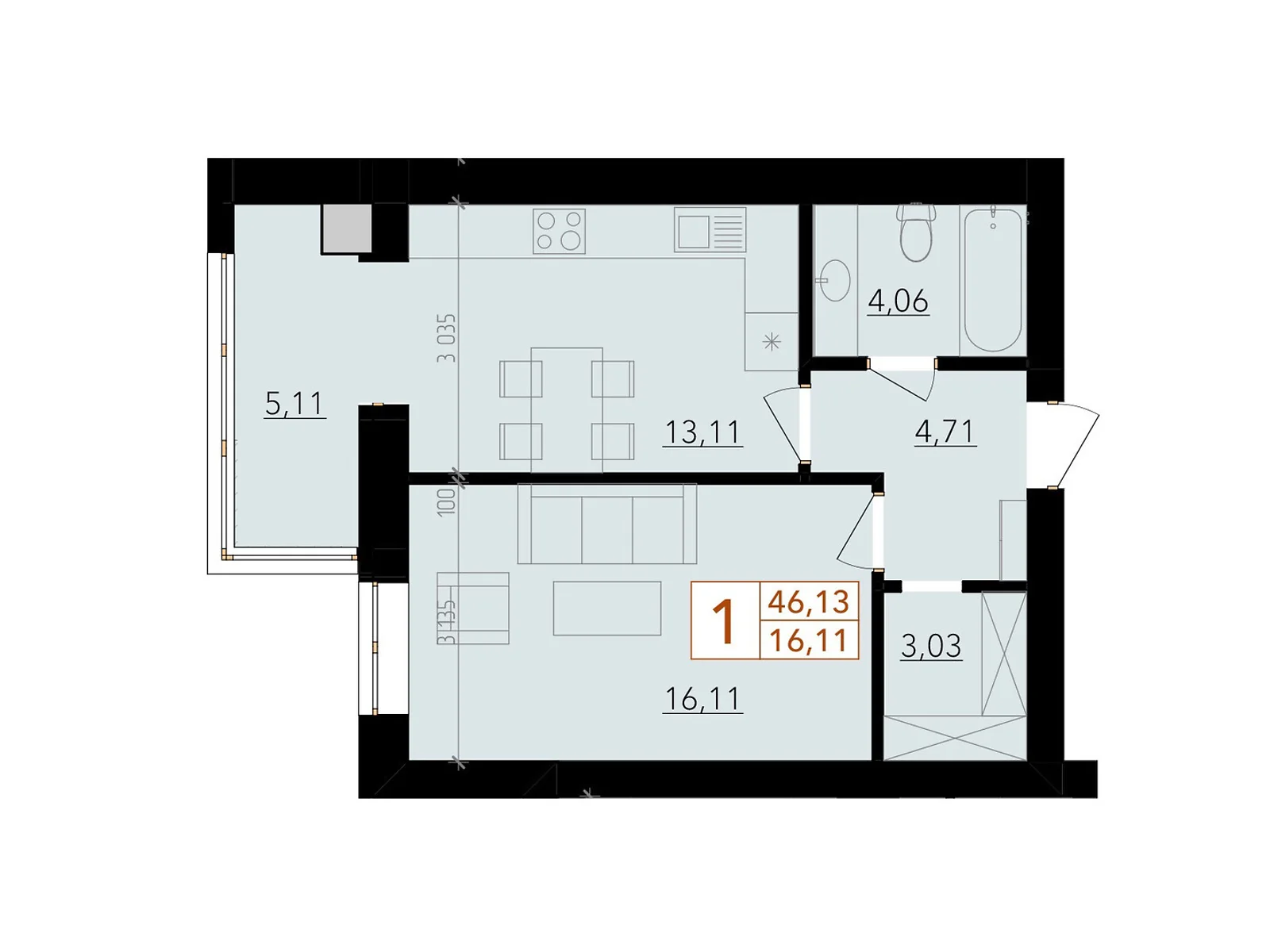 Продается 1-комнатная квартира 46.13 кв. м в Хмельницком, ул. Тернопольская - фото 1