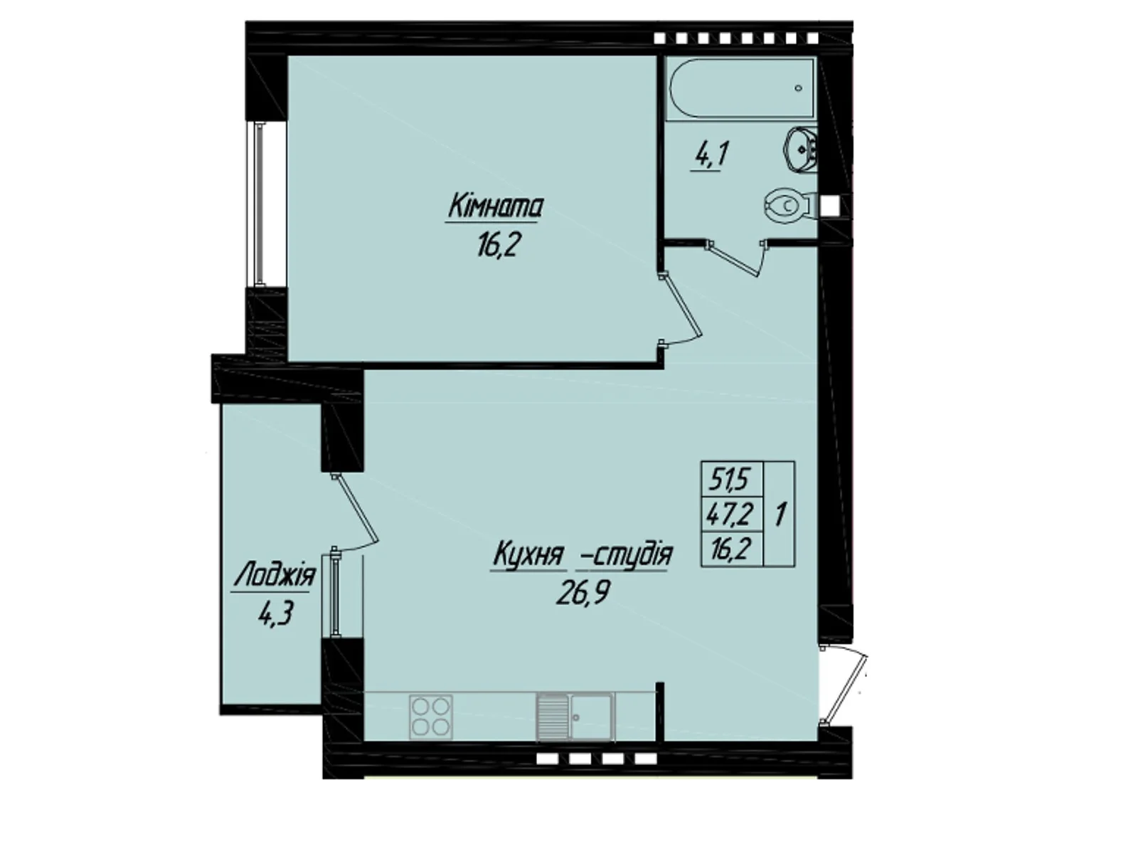 1-комнатная квартира 51.5 кв. м в Тернополе, цена: 31900 $