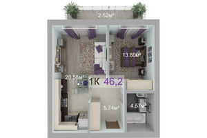 Продается 1-комнатная квартира 46.2 кв. м в Ивано-Франковске, цена: 884681 грн