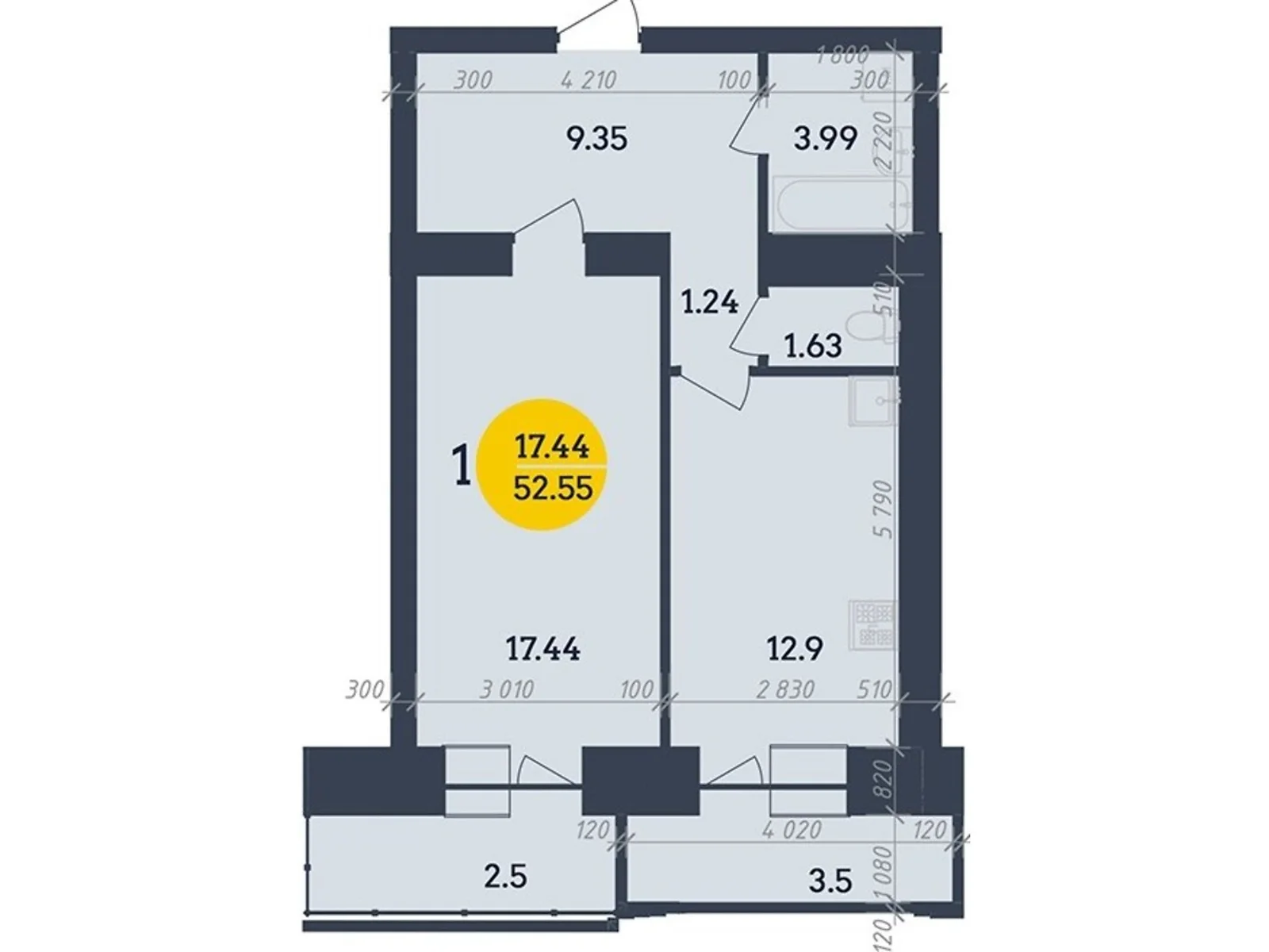 Продается 1-комнатная квартира 52.55 кв. м в Полтаве, цена: 52550 $