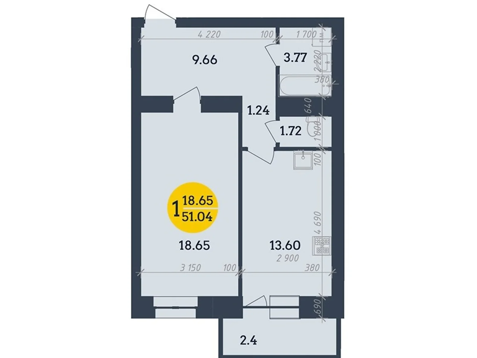 Продається 1-кімнатна квартира 51.04 кв. м у Полтаві