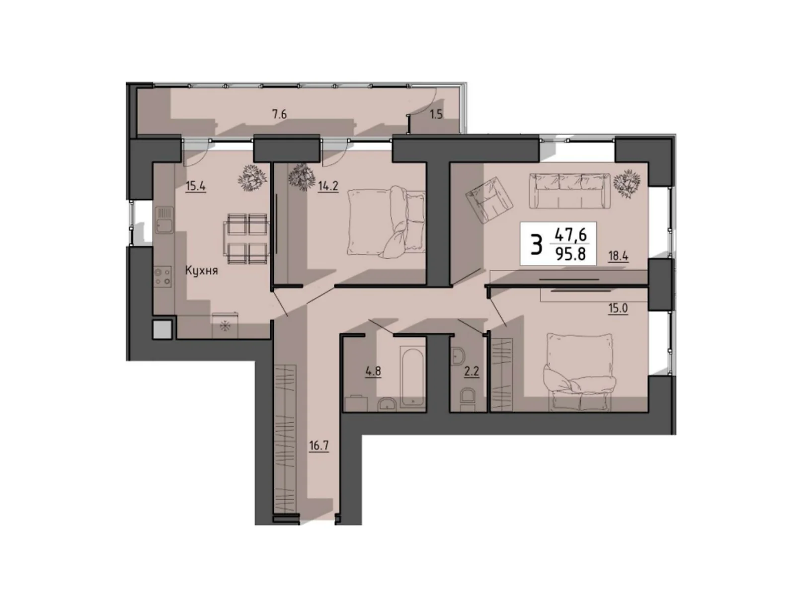 3-комнатная квартира 95.8 кв. м в Тернополе, цена: 62115 $