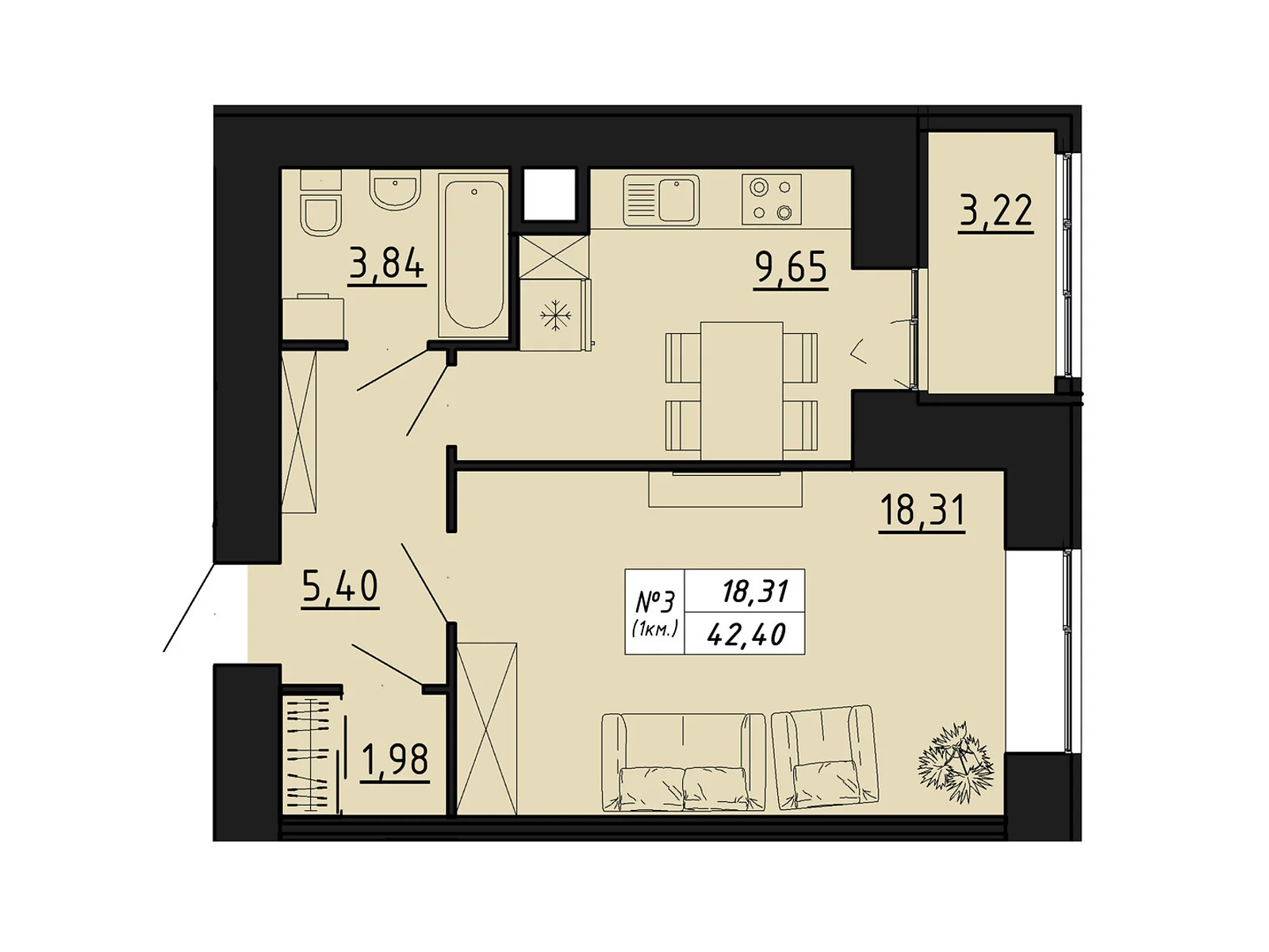 1-комнатная квартира 42.4 кв. м в Тернополе, ул. Микулинецкая, 116