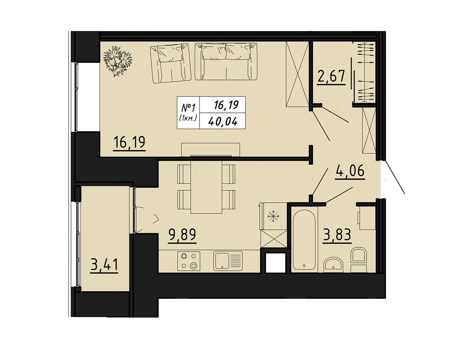 1-кімнатна квартира 40.04 кв. м у Тернополі, цена: 23382 $