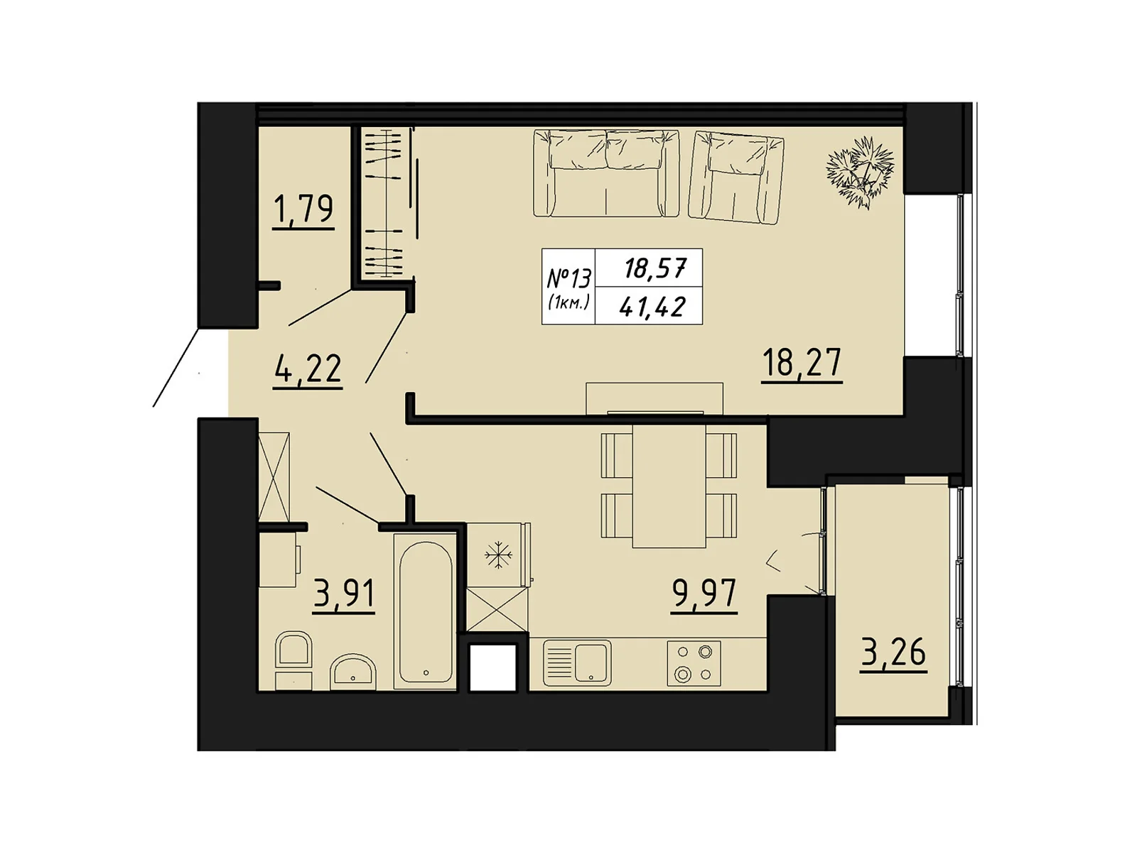 1-кімнатна квартира 41.42 кв. м у Тернополі, вул. Микулинецька, 116