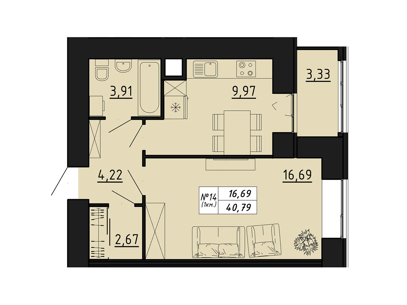 1-кімнатна квартира 40.79 кв. м у Тернополі, цена: 23790 $