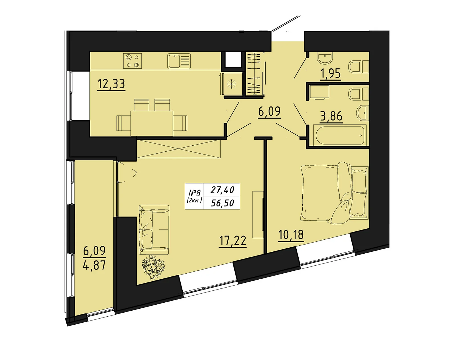 2-кімнатна квартира 56.5 кв. м у Тернополі, цена: 31114 $