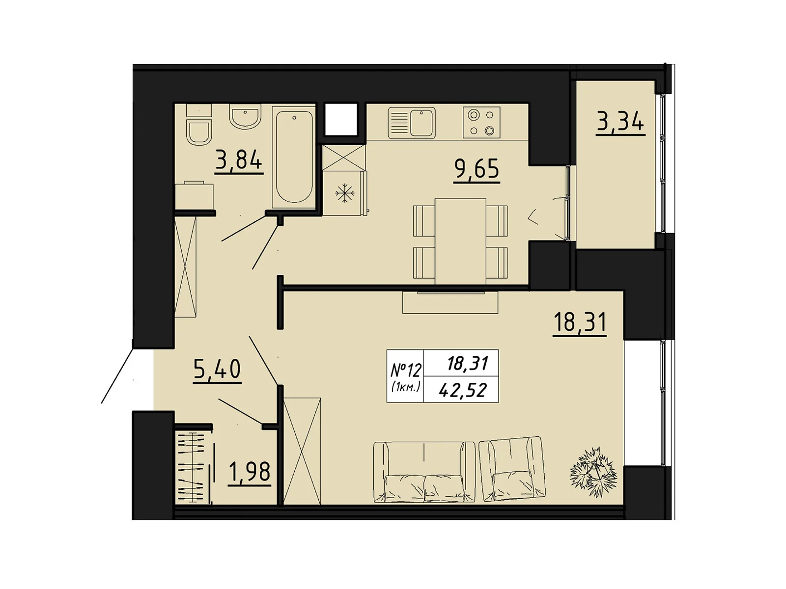 1-комнатная квартира 42.52 кв. м в Тернополе, цена: 24799 $