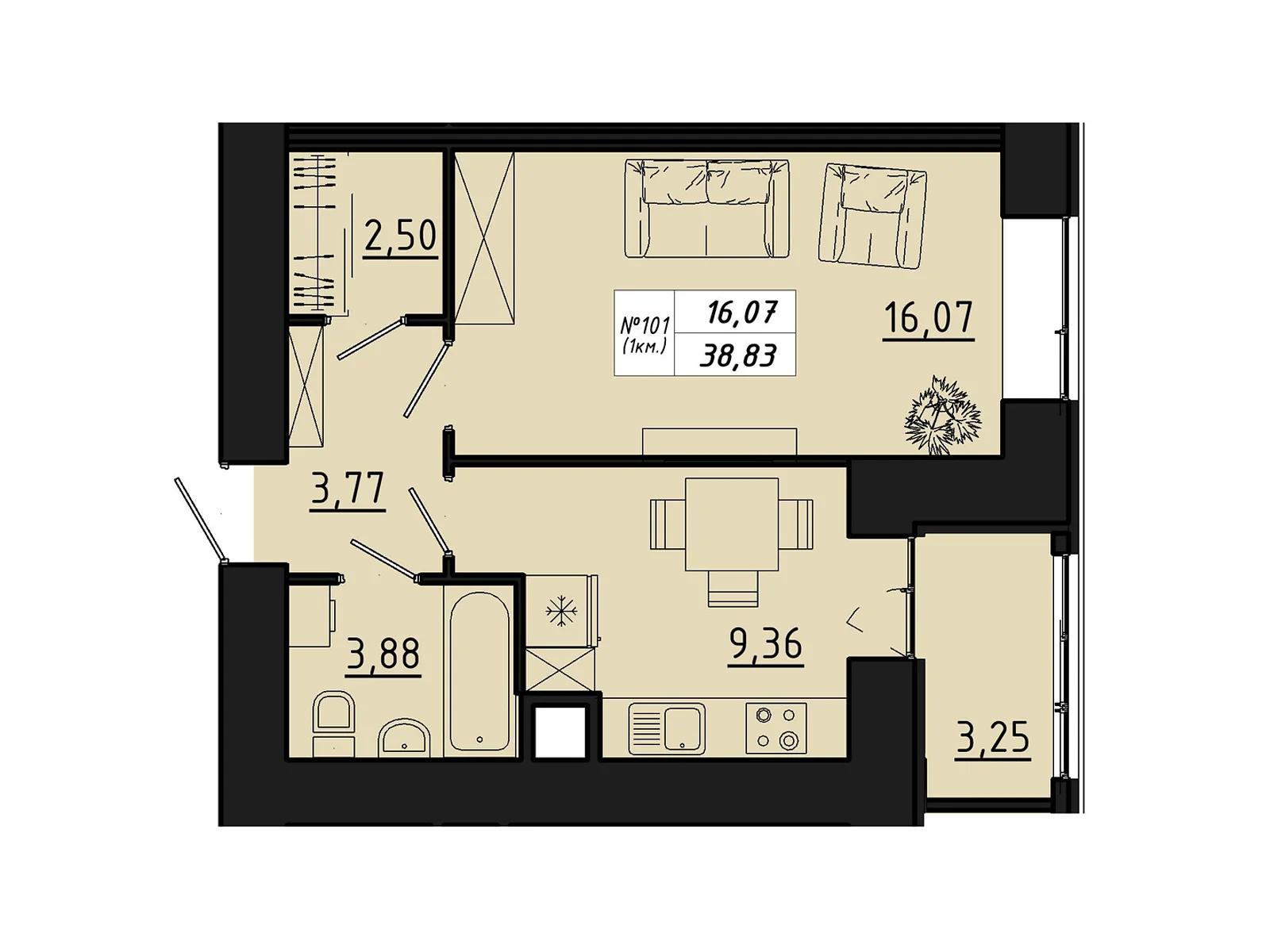 1-кімнатна квартира 38.83 кв. м у Тернополі, цена: 22647 $