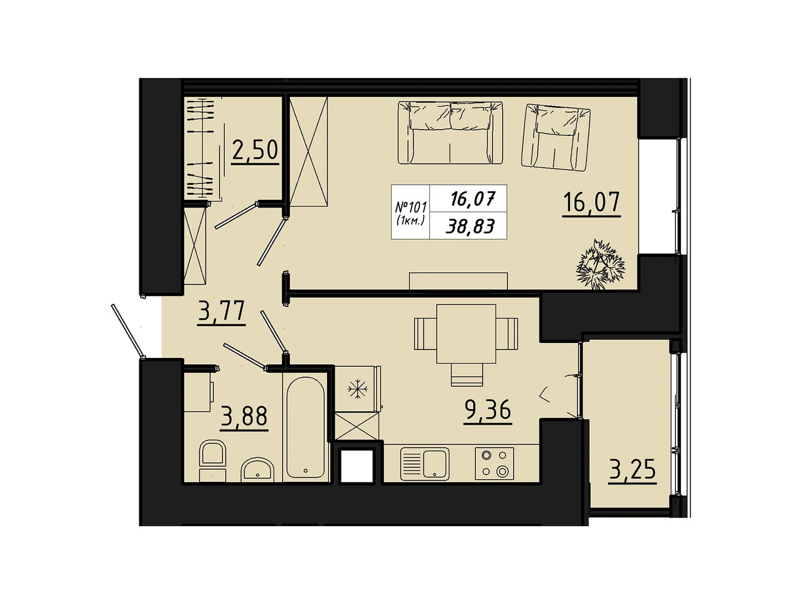 1-комнатная квартира 38.83 кв. м в Тернополе