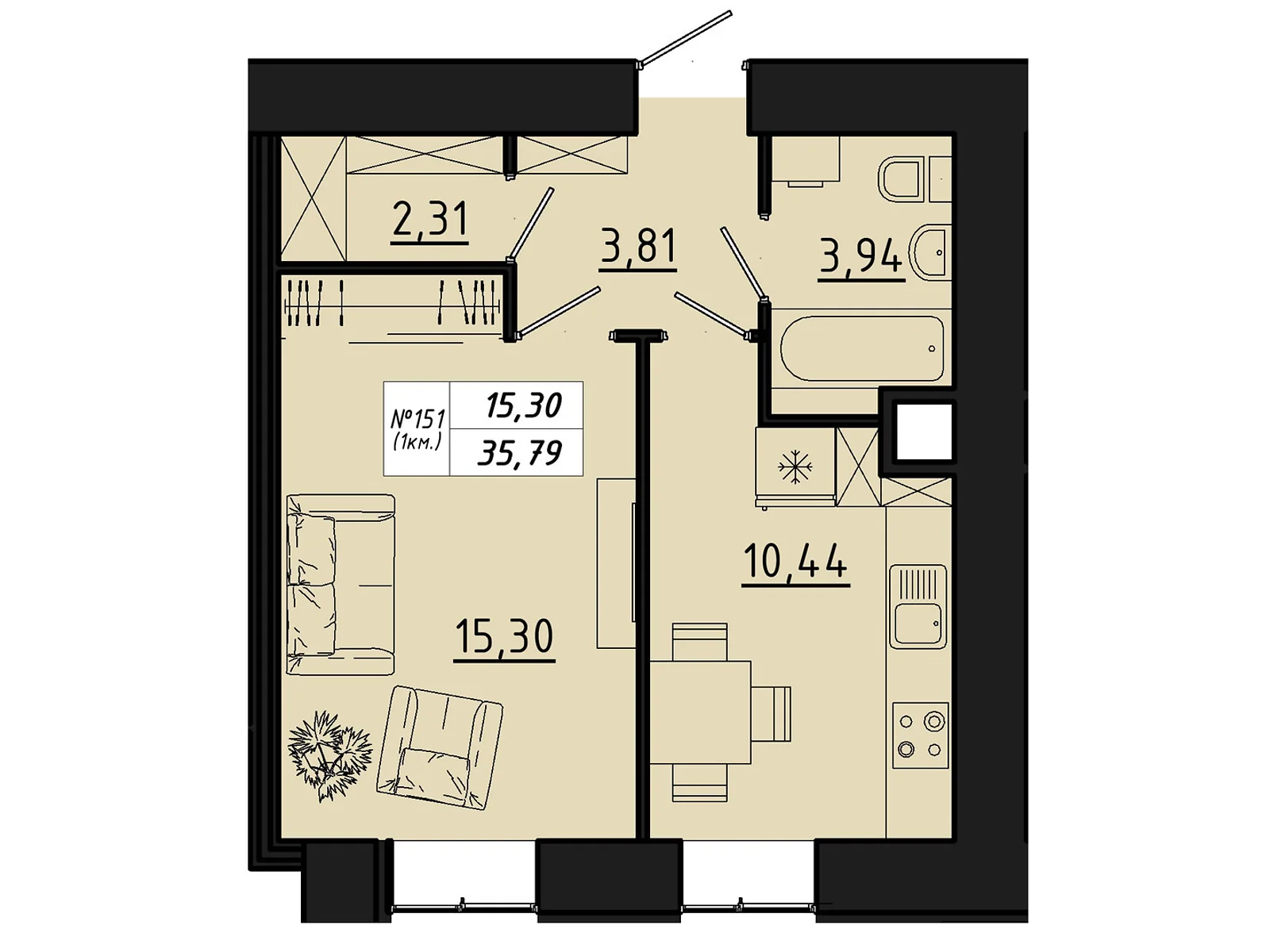 1-комнатная квартира 35.79 кв. м в Тернополе, ул. Микулинецкая, 116