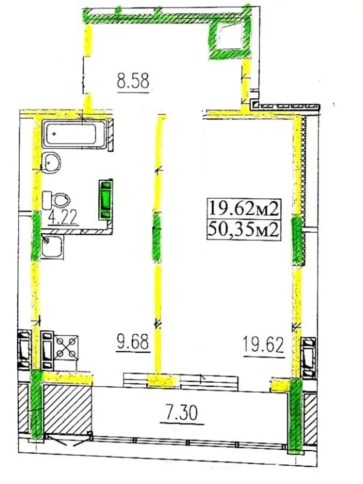 Продается 1-комнатная квартира 50.35 кв. м в Черкассах, цена: 38300 $