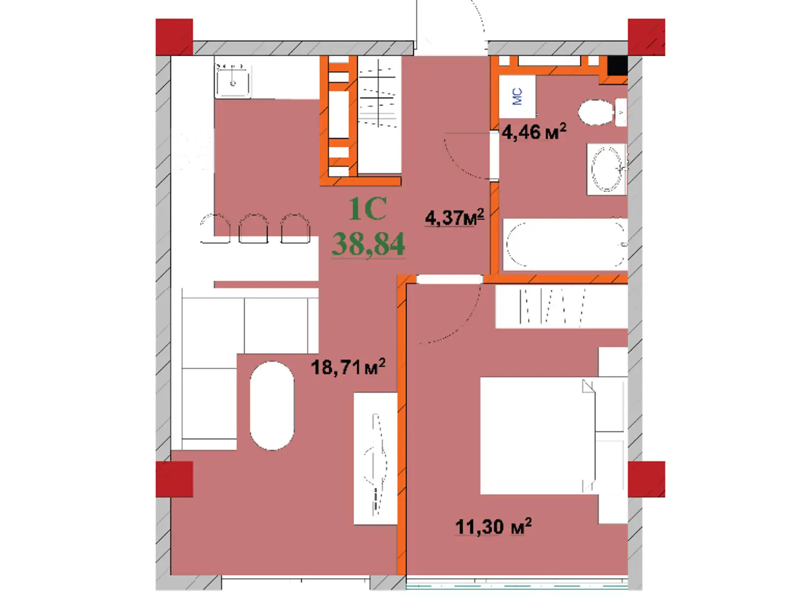Продается 1-комнатная квартира 38.84 кв. м в Ивано-Франковске, цена: 31900 $