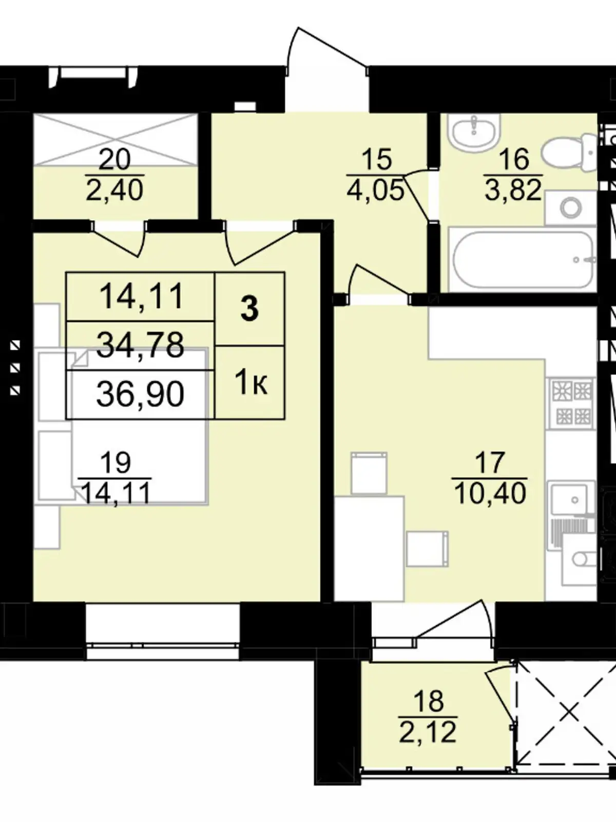 1-комнатная квартира 39.7 кв. м в Тернополе, цена: 1032200 грн