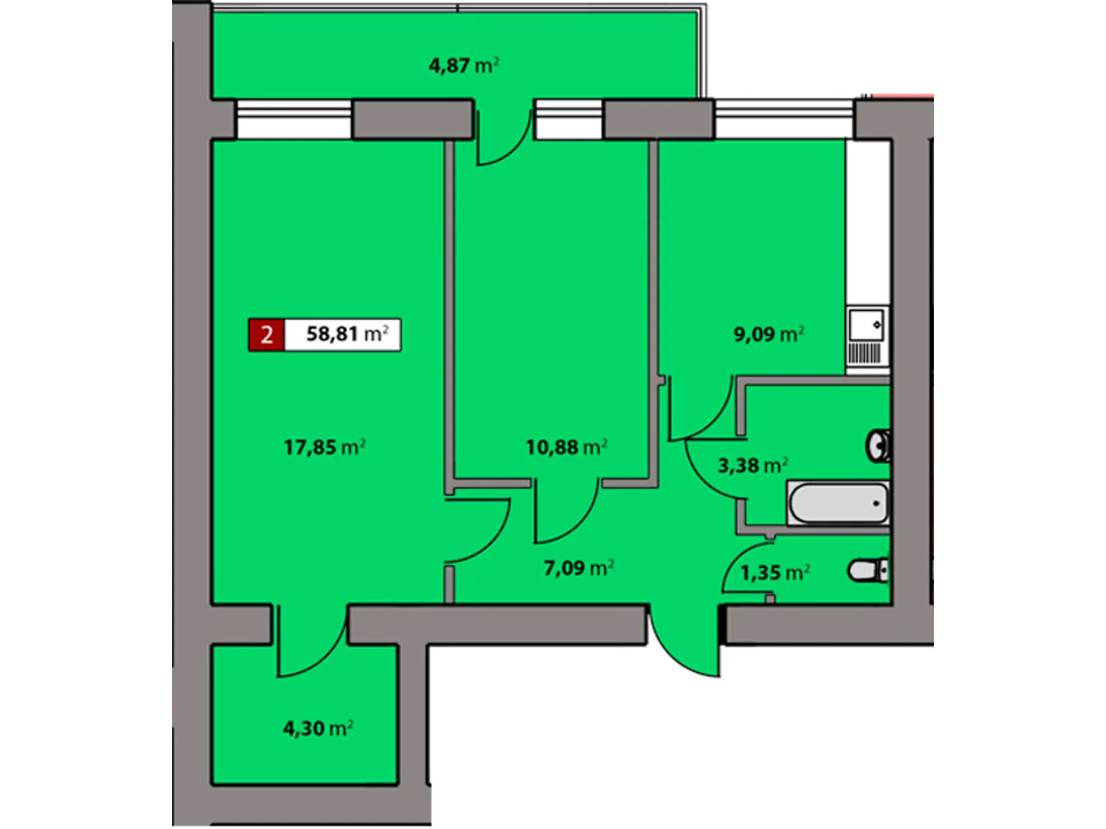 Продается 2-комнатная квартира 58.81 кв. м в Черкассах, цена: 41712 $