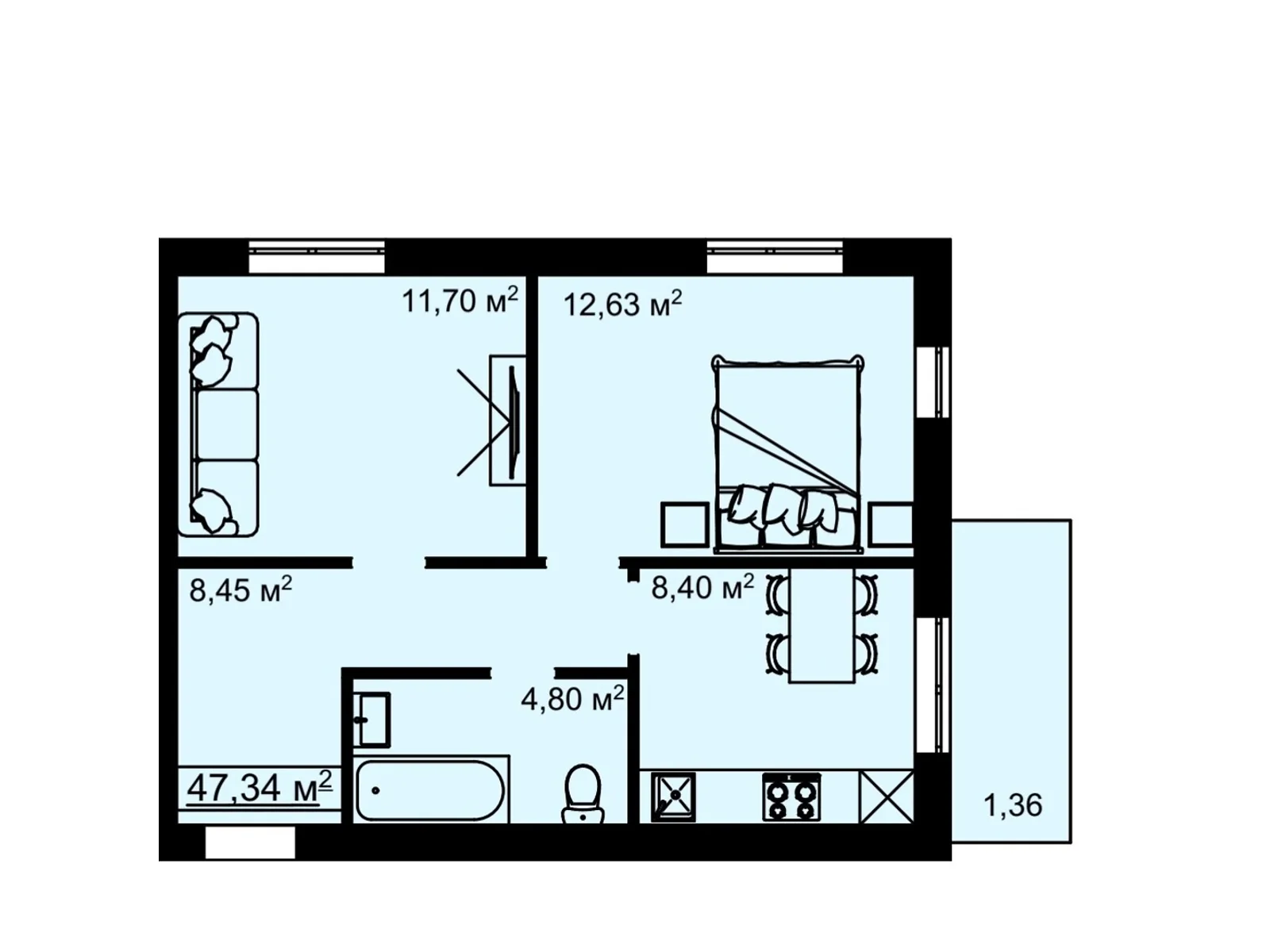 2-кімнатна квартира 47.34 кв. м у Тернополі, вул. Білогірська, 18