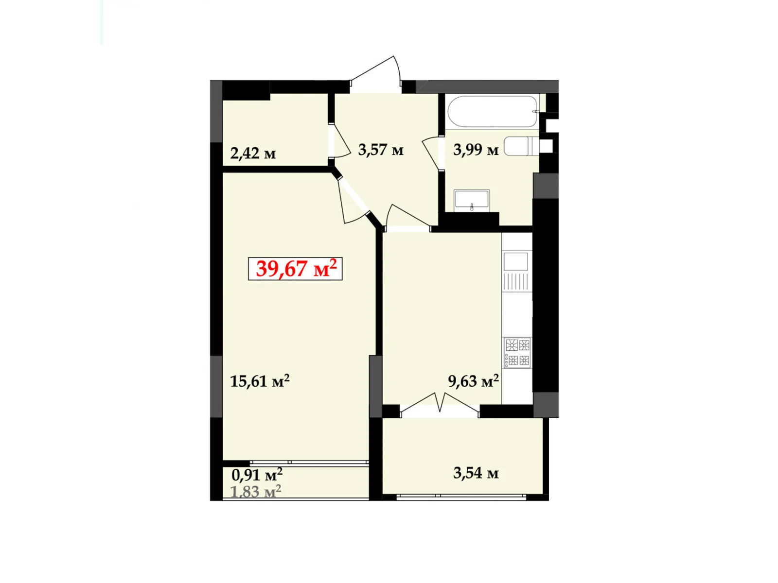 Продается 1-комнатная квартира 39.67 кв. м в Ивано-Франковске