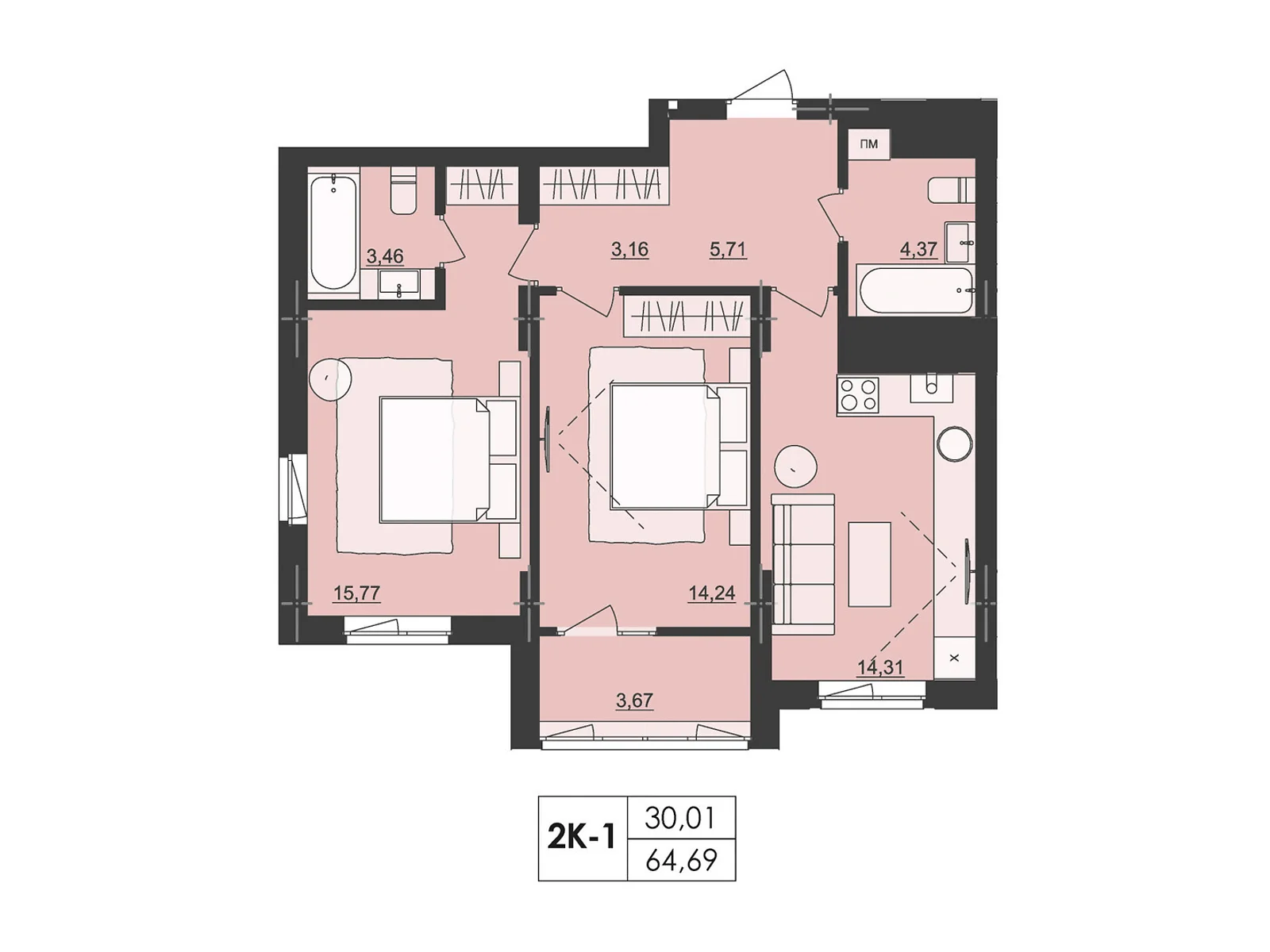 Продается 2-комнатная квартира 64.69 кв. м в Черновцах, цена: 71159 $ - фото 1