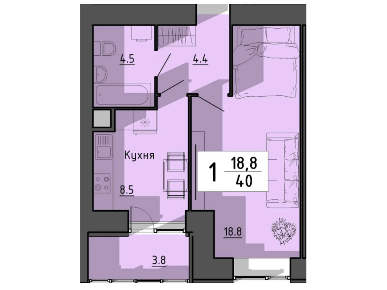 1-комнатная квартира 40 кв. м в Тернополе, ул. Тарнавского Мирона Генерала