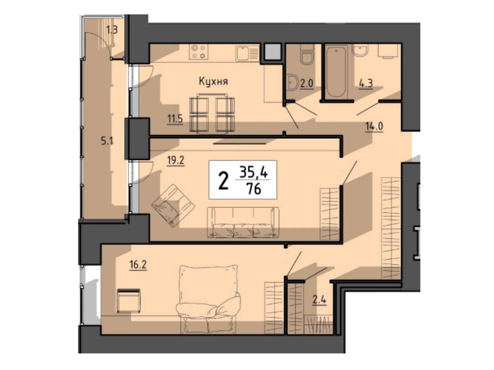 2-комнатная квартира 76 кв. м в Тернополе, пер. Тарнавского Мирона Генерала