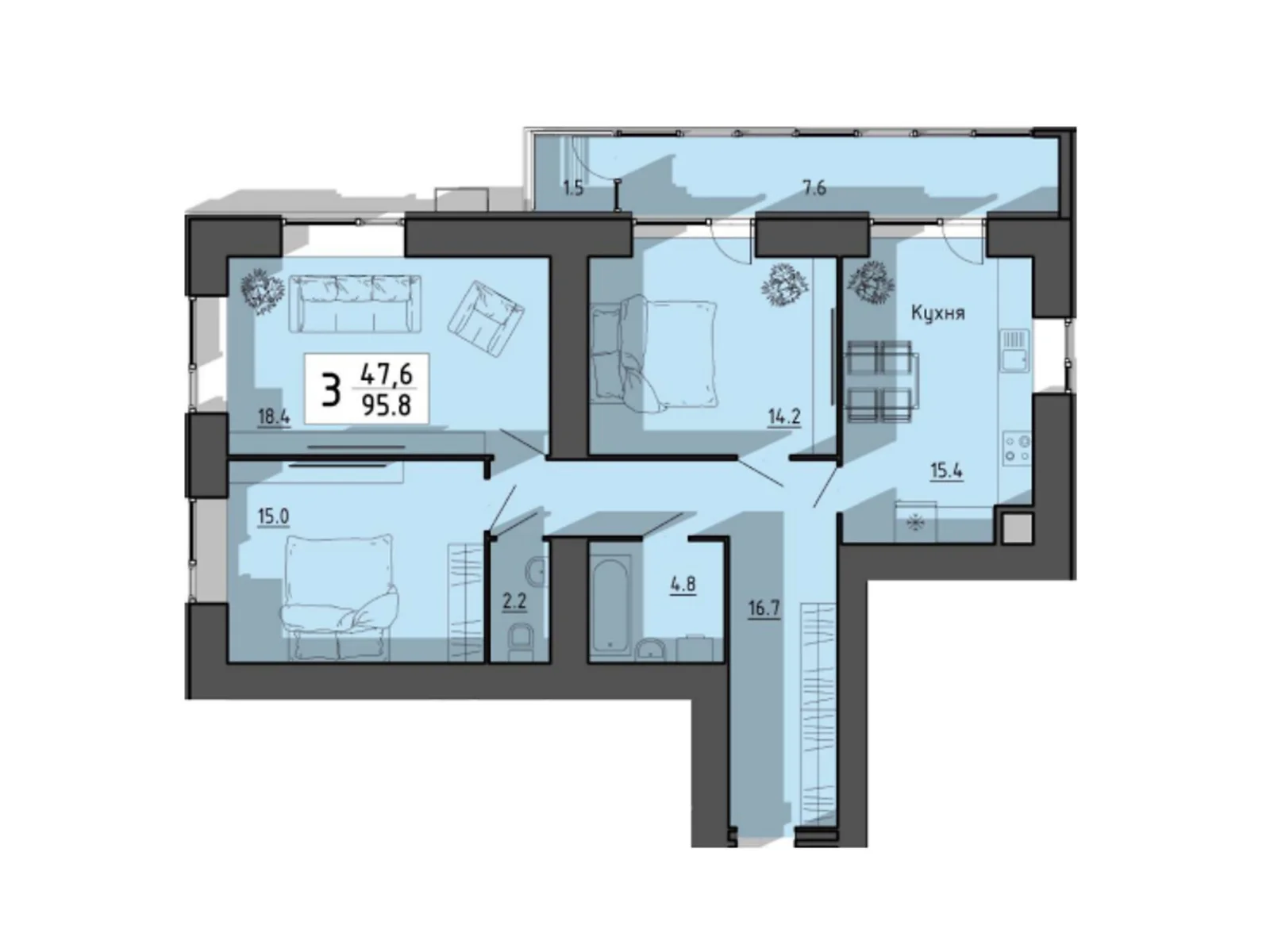 3-кімнатна квартира 95.8 кв. м у Тернополі