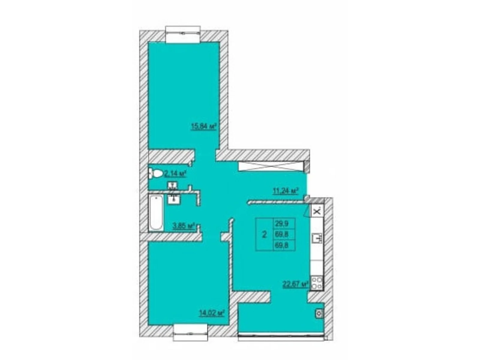 2-комнатная квартира 69.8 кв. м в Луцке, ул. Конякина, 3А, 3Б, 3В