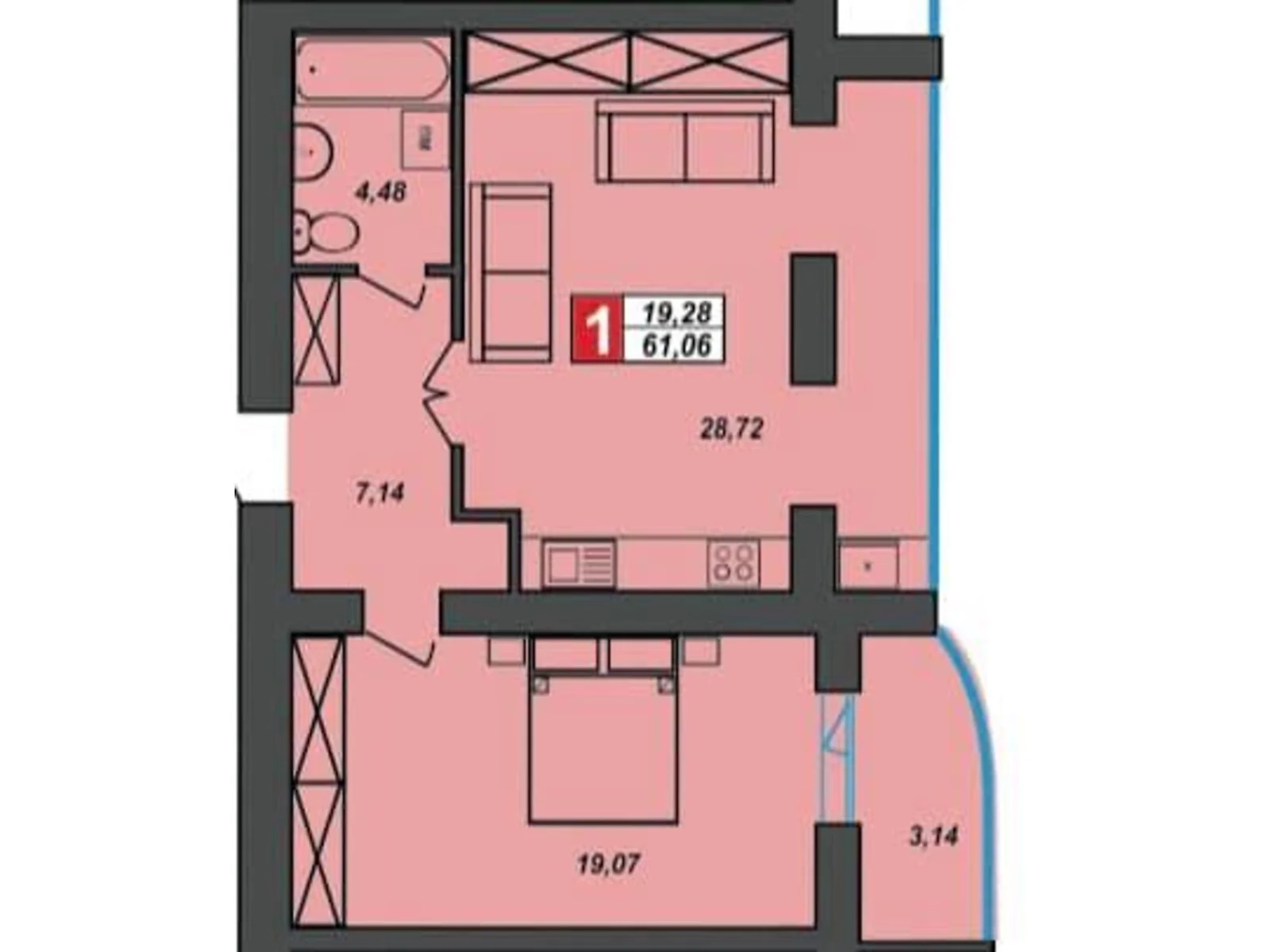 Продается 1-комнатная квартира 61.06 кв. м в Хмельницком, вул. Прибугская, 5/1