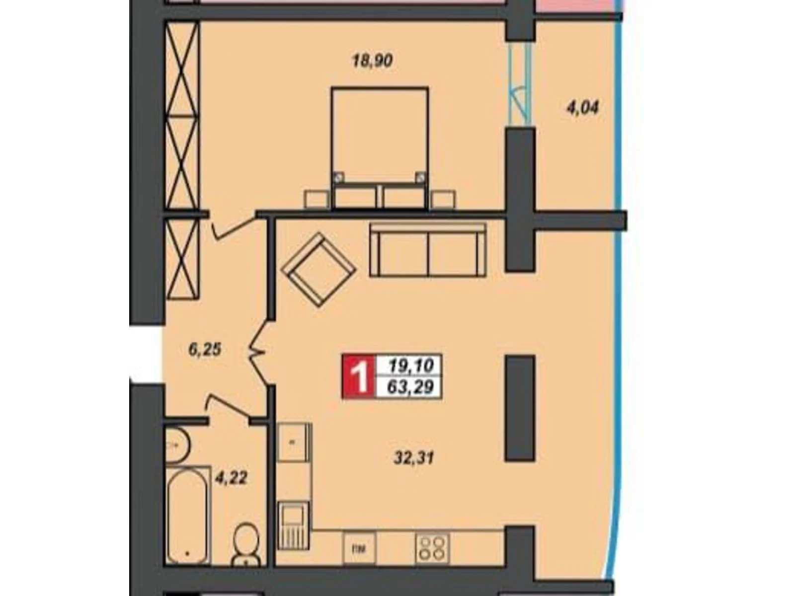 Продается 1-комнатная квартира 63.29 кв. м в Хмельницком