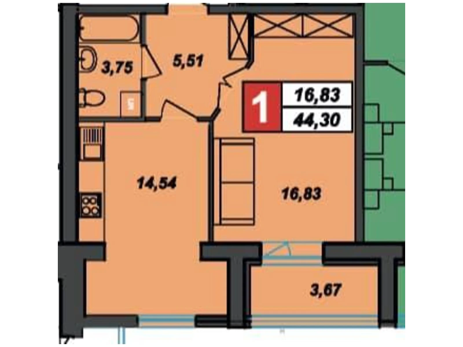 Продается 1-комнатная квартира 44.25 кв. м в Хмельницком, ул. Прибугская, 5/1