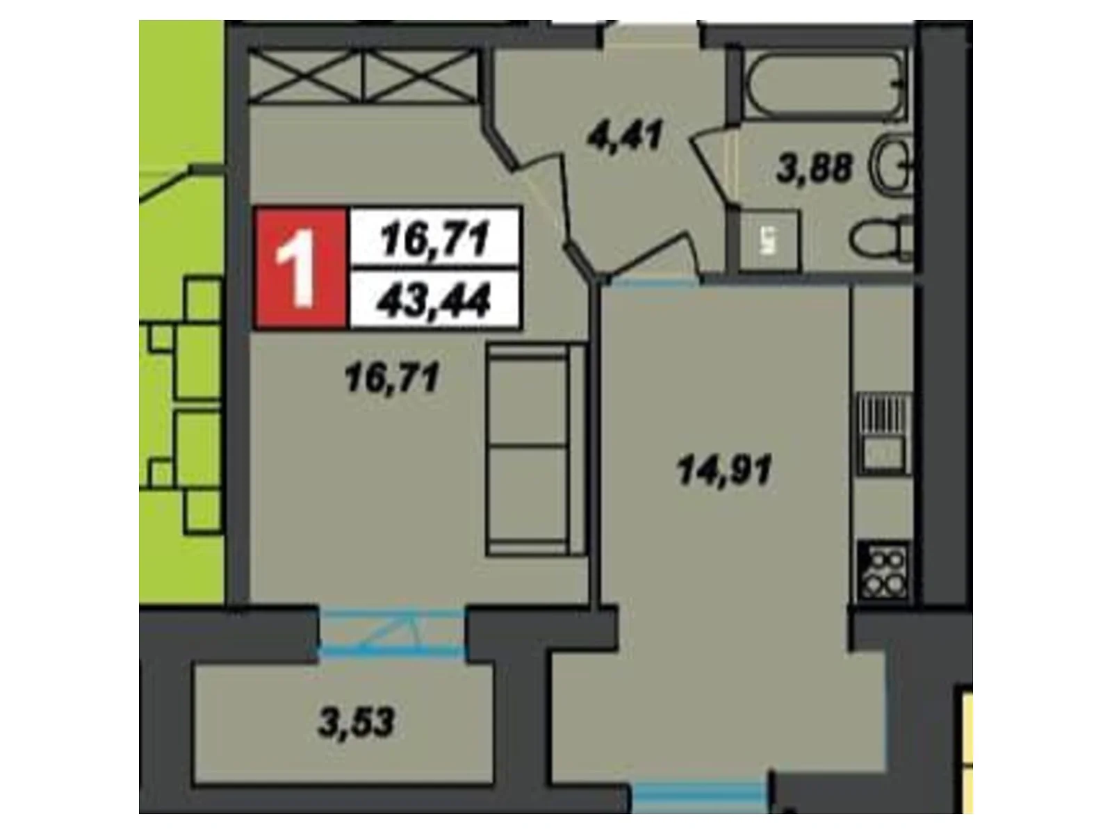 Продается 1-комнатная квартира 43.44 кв. м в Хмельницком, цена: 35928 $